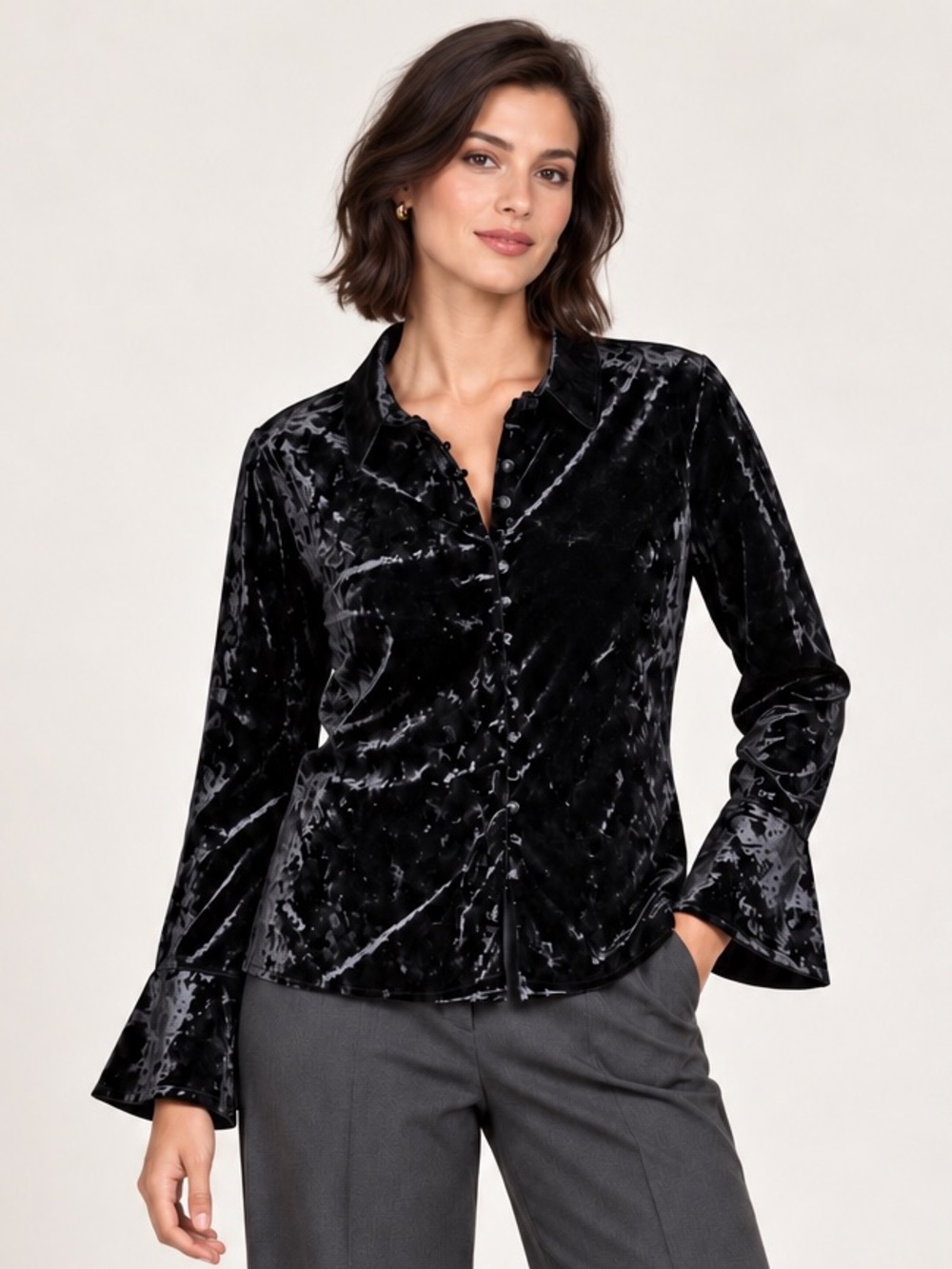 Endless Rose SZ S Black Crushed Velvet Button-Front Blouse/Bust 38”